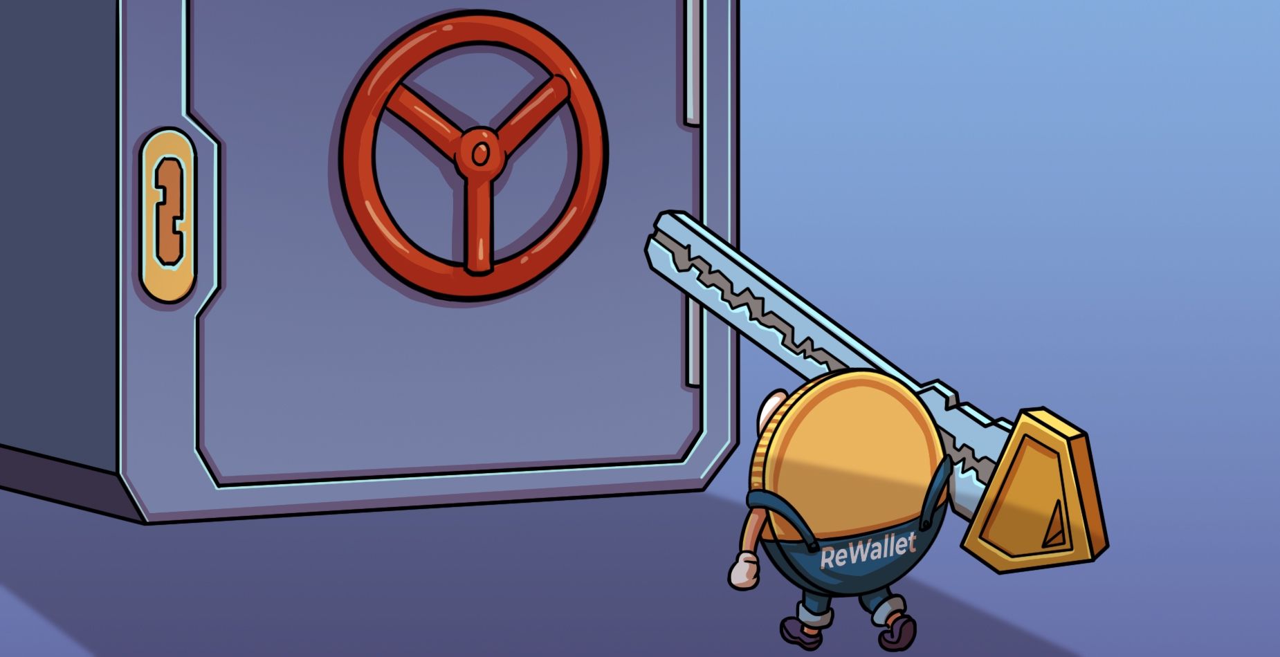 ReWallet coin carrying a large key toward a locked wallet vault door.