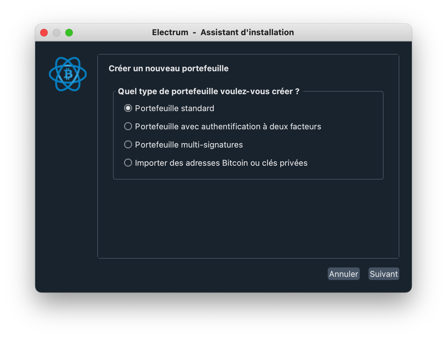 Assistant d’installation Electrum pour choisir le type de nouveau portefeuille.
