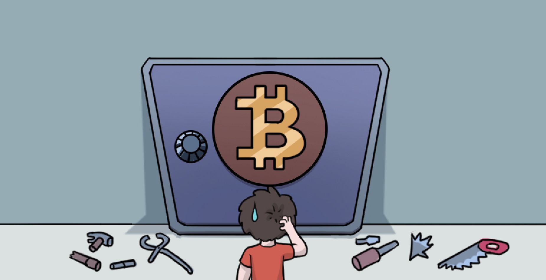 Person vor einem Bitcoin-Wallet-Tresor mit verstreuten Werkzeugen und zerbrochenem Schlüssel.