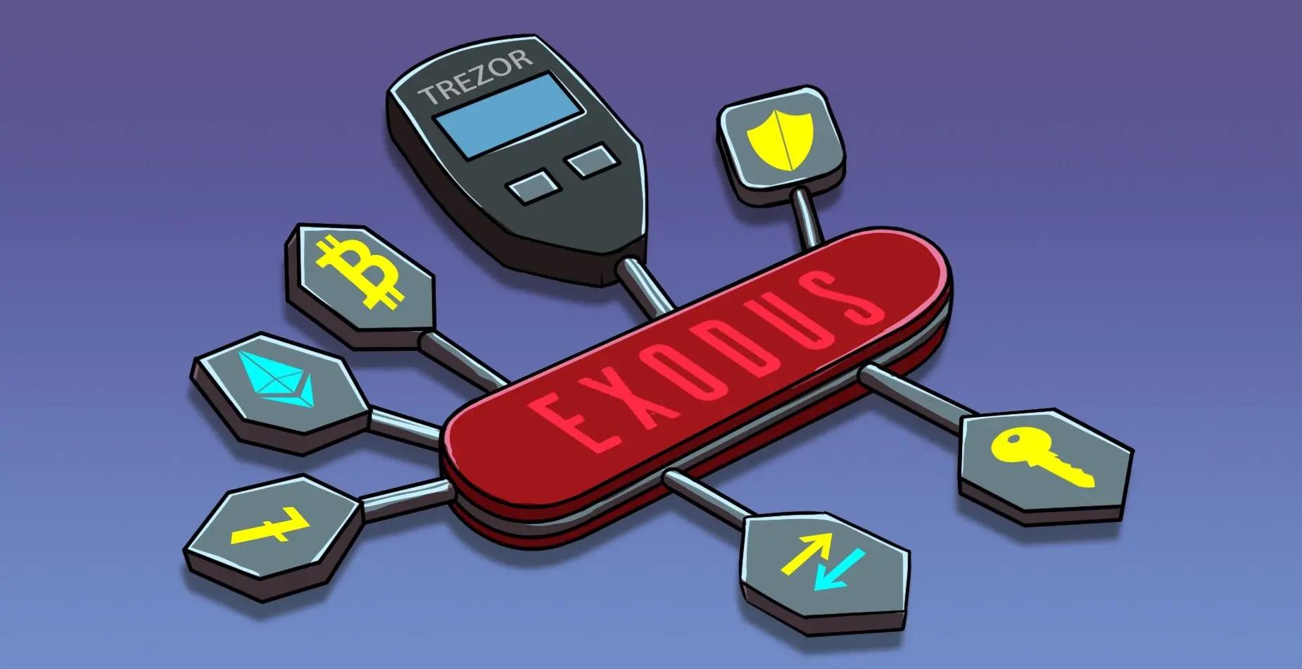 Couteau suisse Exodus avec icônes Ethereum, Bitcoin, Trezor, sécurité, clé et échange.