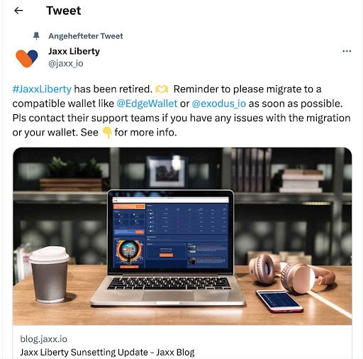 Tweet by Jaxx Liberty announcing that the wallet has been retired and users should migrate to EdgeWallet or Exodus.