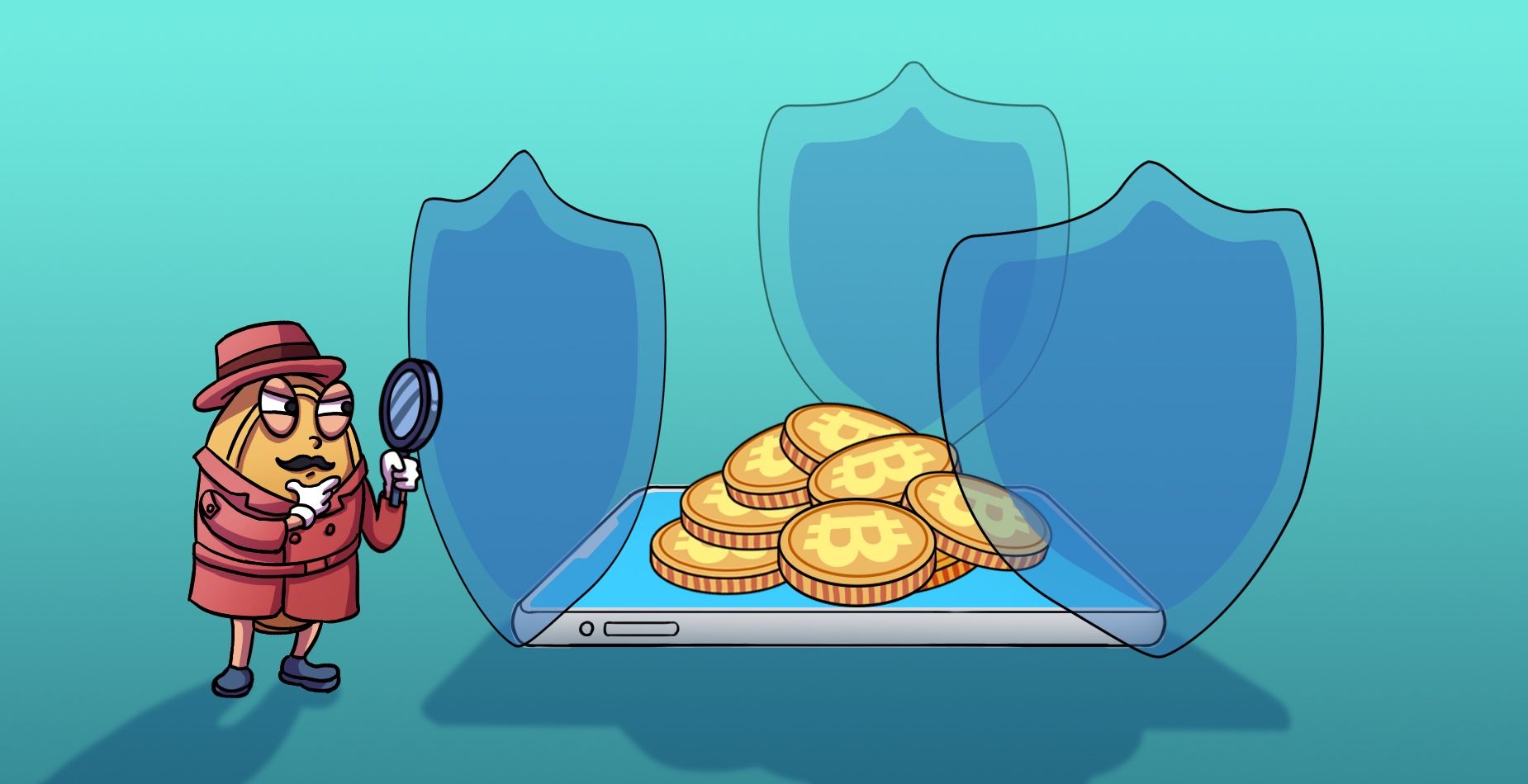 ReWallet-Detektiv untersucht Bitcoin-Coins auf einem Smartphone hinter blauen Trust-Wallet-Schutzschilden.