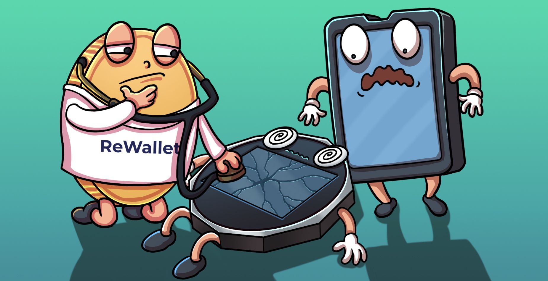 ReWallet-Arzt untersucht mit Stethoskop ein SecuX-Hardware-Wallet mit gebrochenem Display neben einem besorgten Gerät.