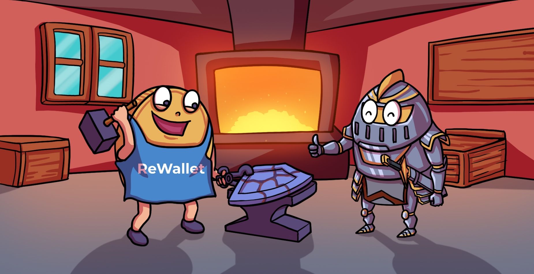 ReWallet blacksmith repairing a cracked Guarda wallet shield for a knight in a forge.