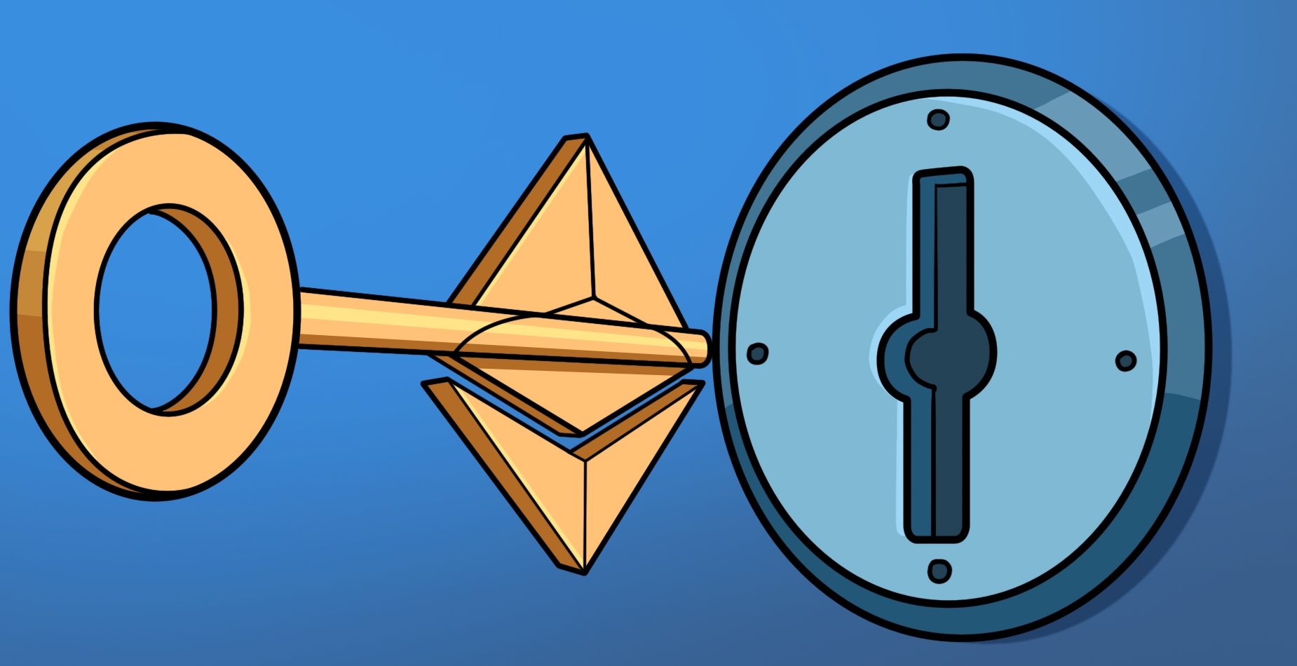 Goldener Schlüssel in Form des Ethereum-Logos steckt in einem runden Wallet-Schloss.