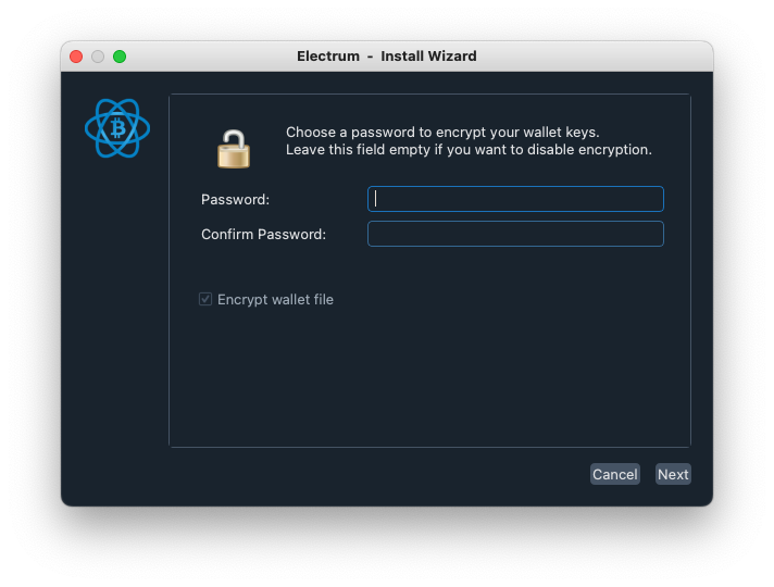 Electrum install wizard screen for setting a wallet encryption password.