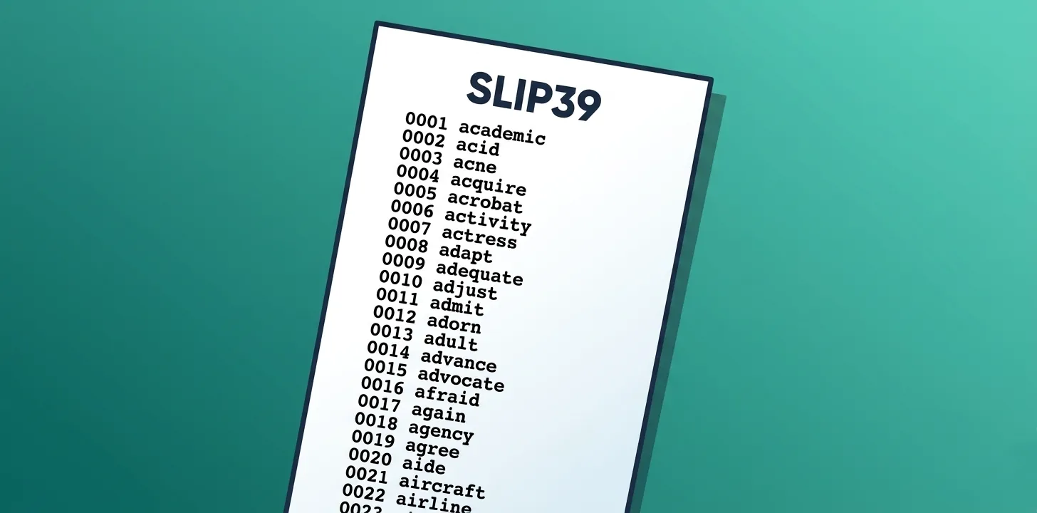 A white sheet of paper on a teal background listing the first 22 words of the SLIP39 wordlist, from academic to airline.