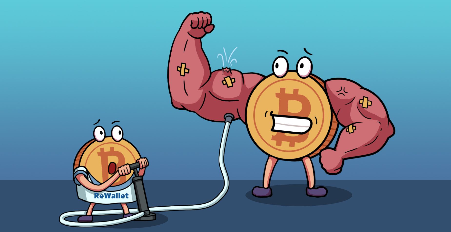 ReWallet coin using an air pump on a patched muscular Strongcoin wallet mascot.