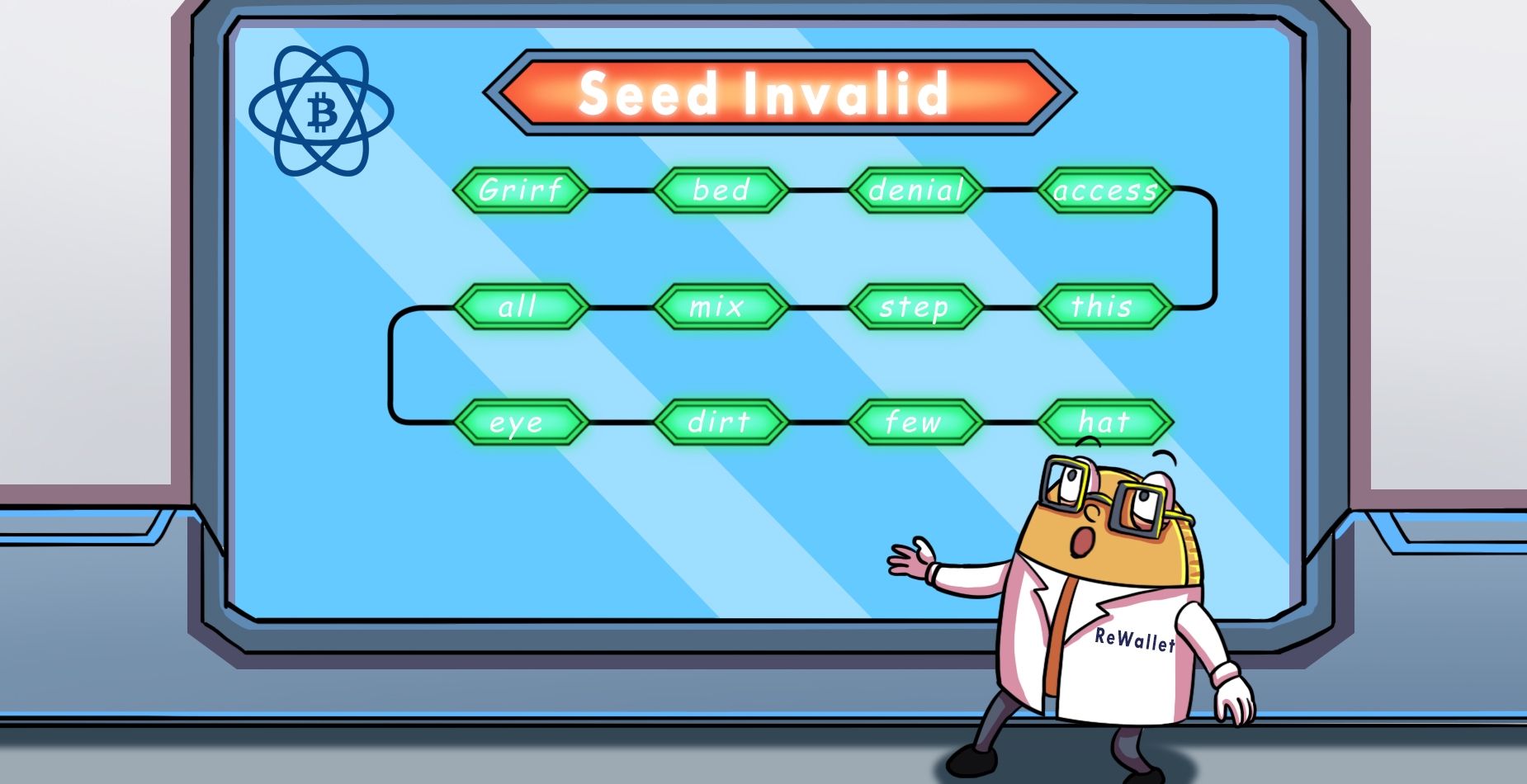 Scientifique ReWallet montrant un écran de seed phrase marqué « Seed Invalid » avec le logo Electrum en haut à gauche.