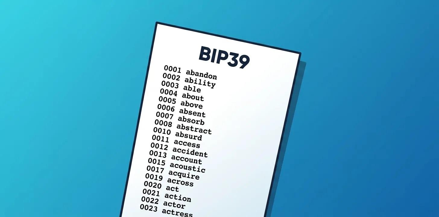 A white sheet of paper on a blue background listing the first 20 words of the BIP39 wordlist, from abandon to actress.