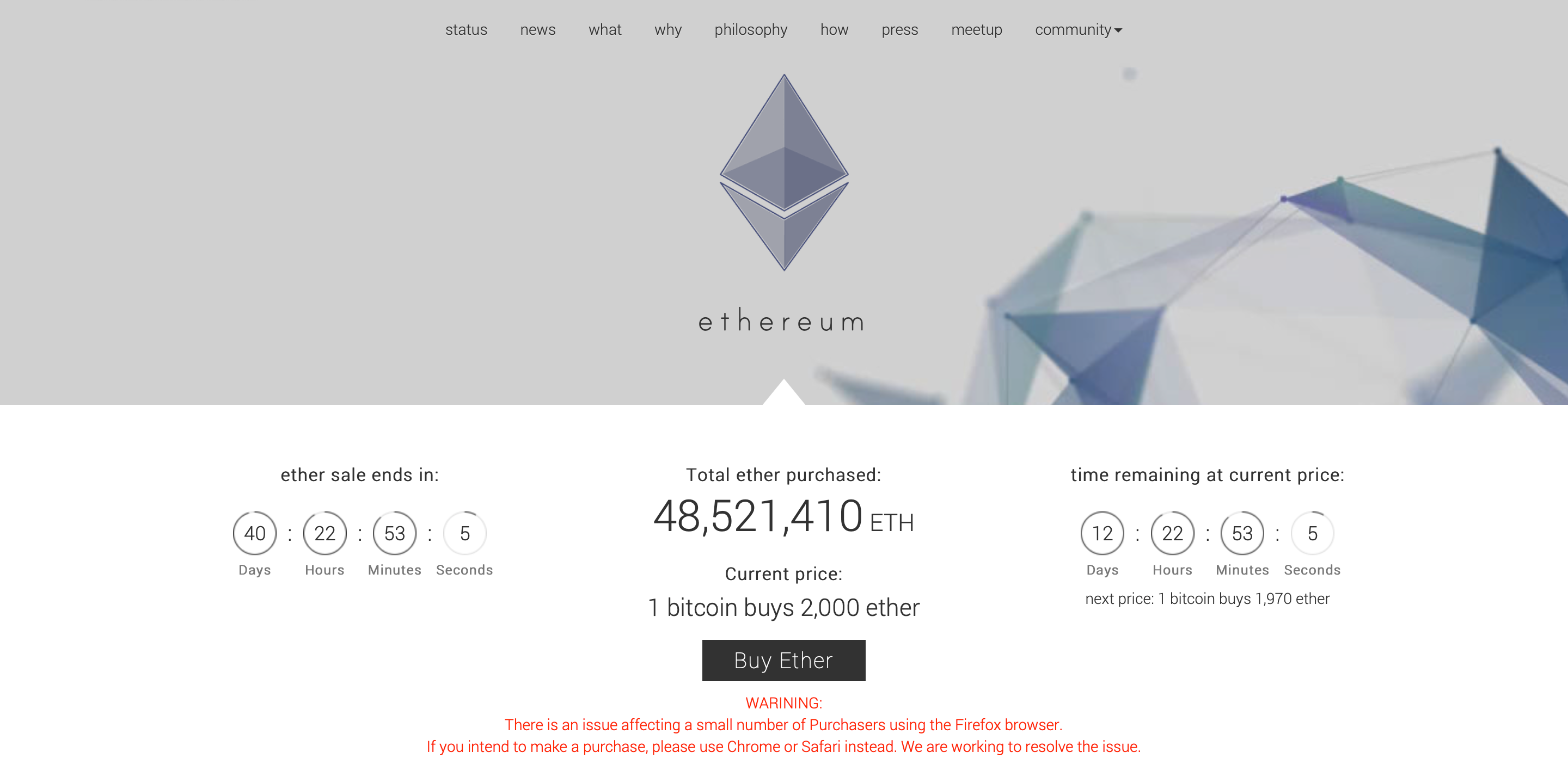 Startseite der Ethereum Presale Website mit Ether-Logo und Links zu Terms, Purchase und Ether API.