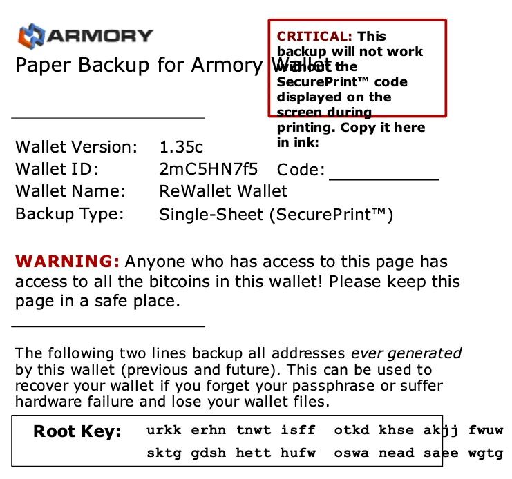 Armory paper backup printed with wrong page settings, root key characters cut off at the page edge