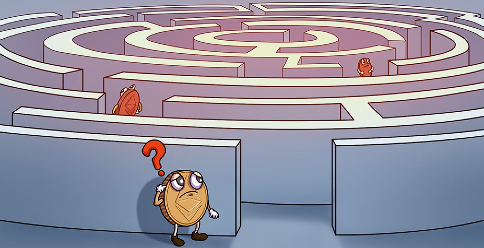 Mascottes de pièces Ethereum perdues dans un labyrinthe, avec une pièce à l’entrée près d’un point d’interrogation.
