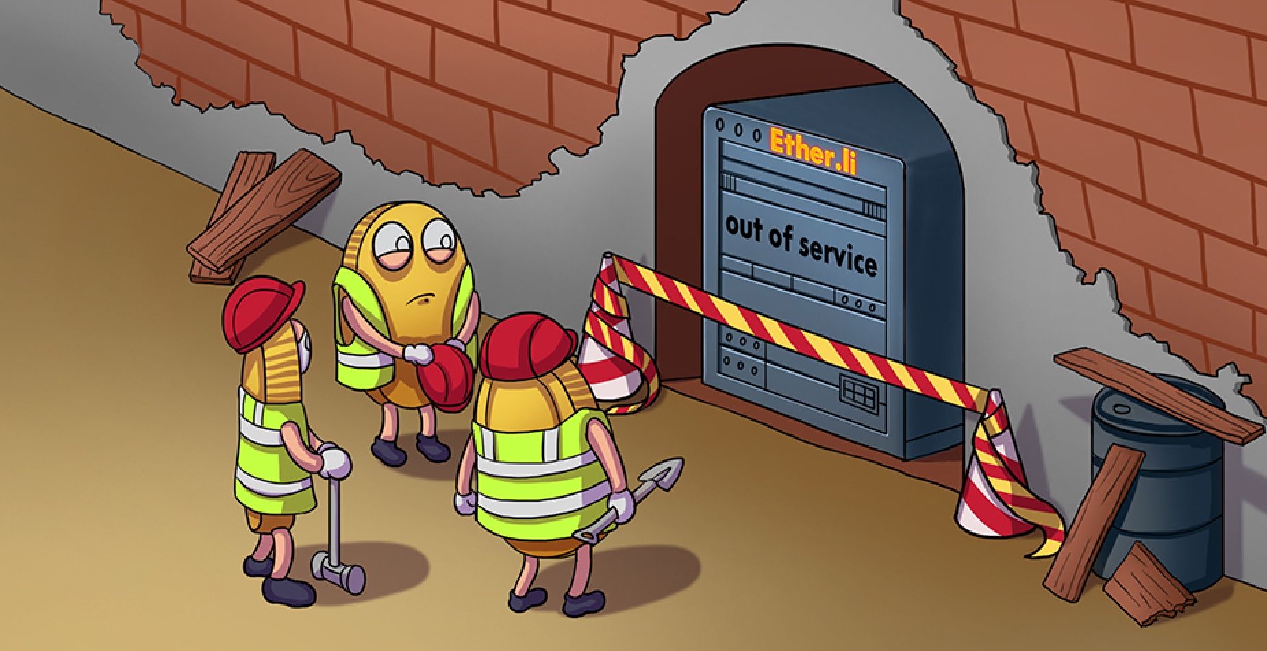 ReWallet coin workers in safety vests standing in front of an Ether.li server showing “out of service”.