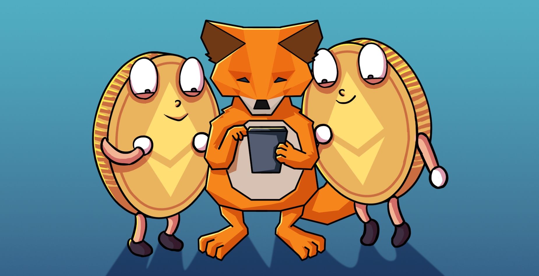 MetaMask-Fuchs hält ein Hardware-Wallet zwischen zwei Ethereum-Coin-Maskottchen.