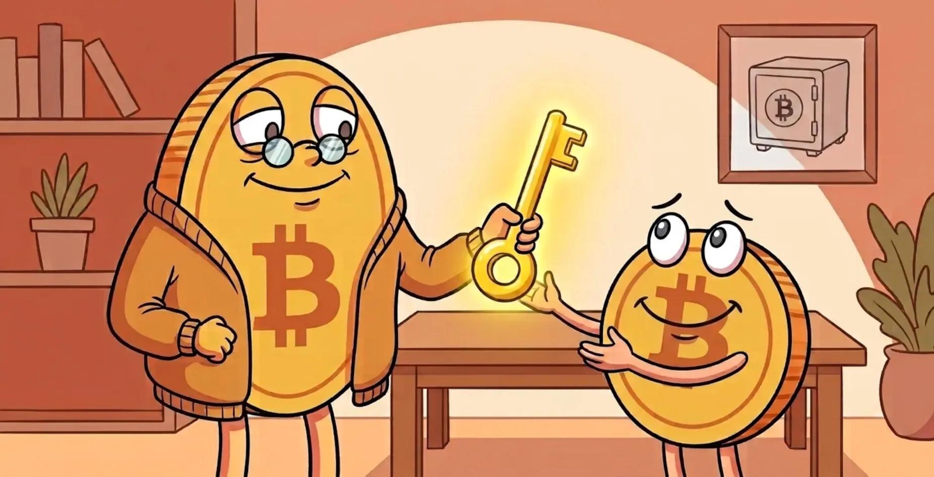 Elder Bitcoin coin mascot handing a golden key to a younger Bitcoin coin, illustrating inheritance.