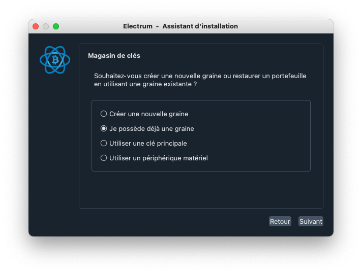 Assistant d’installation Electrum avec option de restauration depuis une graine existante.