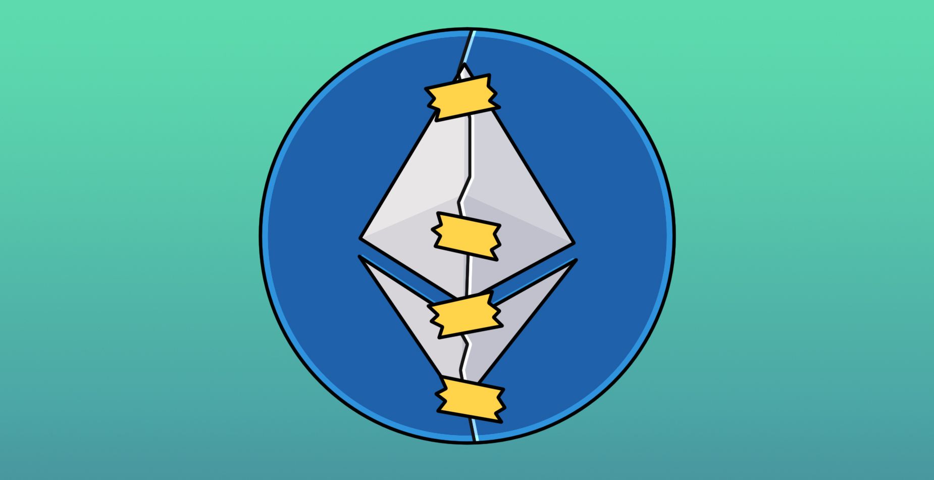 Logo Ethereum fissuré sur une pièce bleue réparée avec du ruban jaune.