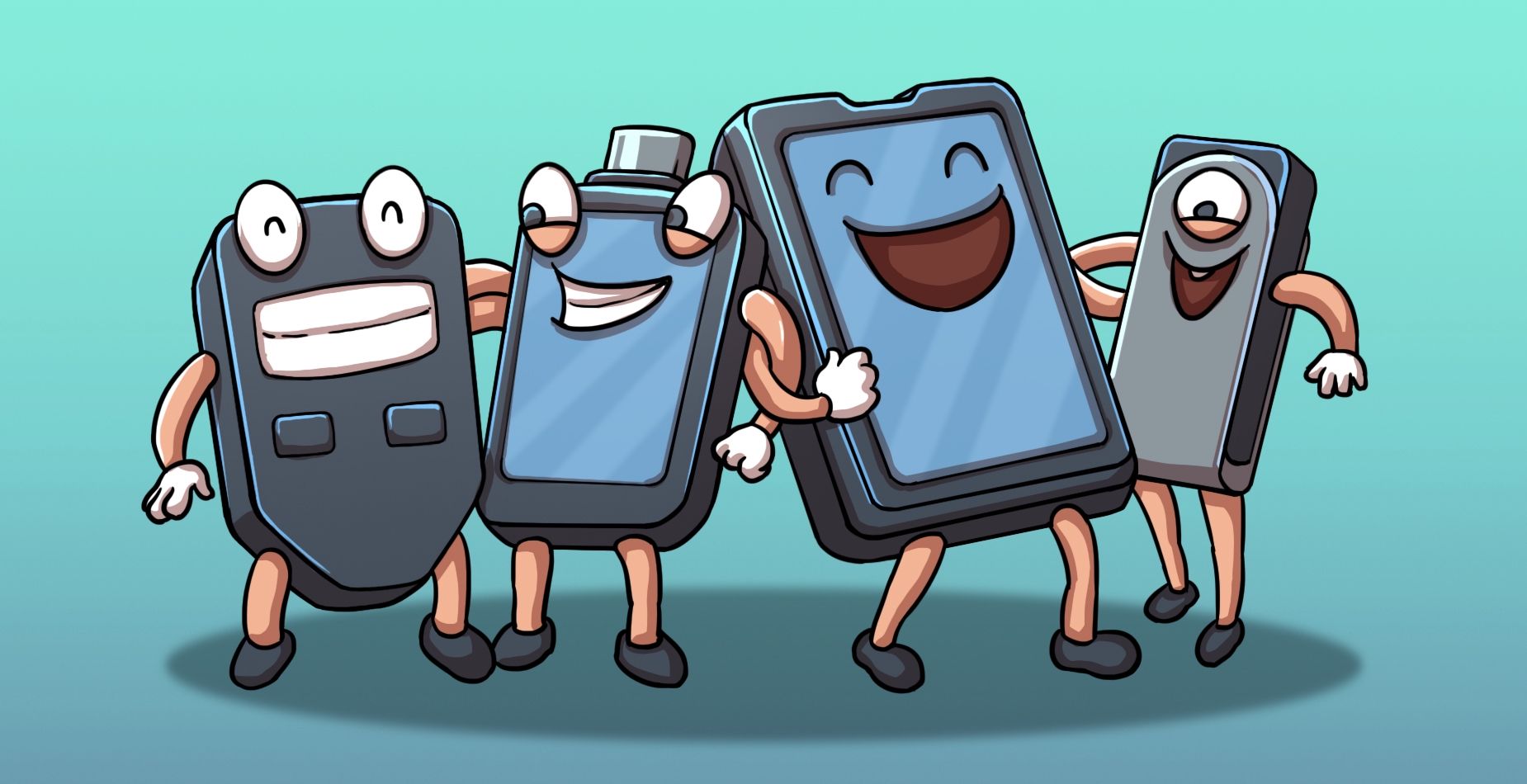 Vier unterschiedliche Hardware-Wallets als lächelnde Cartoon-Figuren nebeneinander.