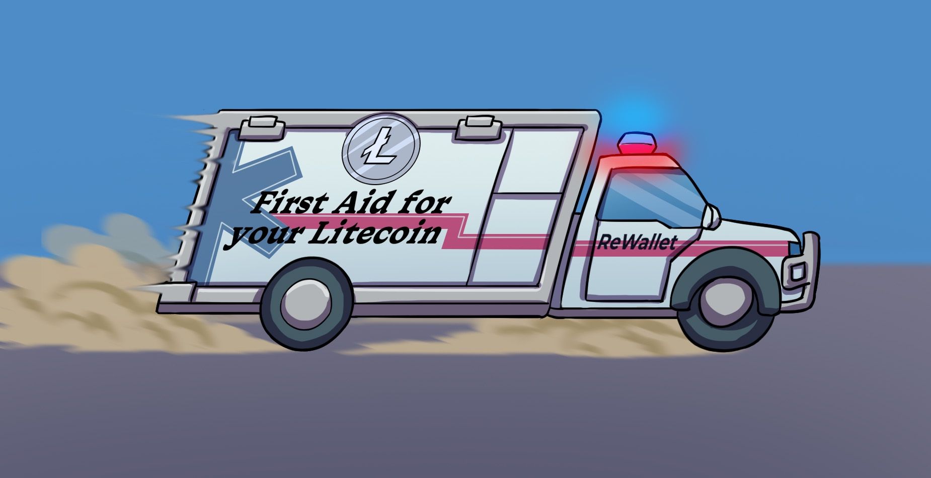 ReWallet ambulance with Litecoin logo and the text “First Aid for your Litecoin”.