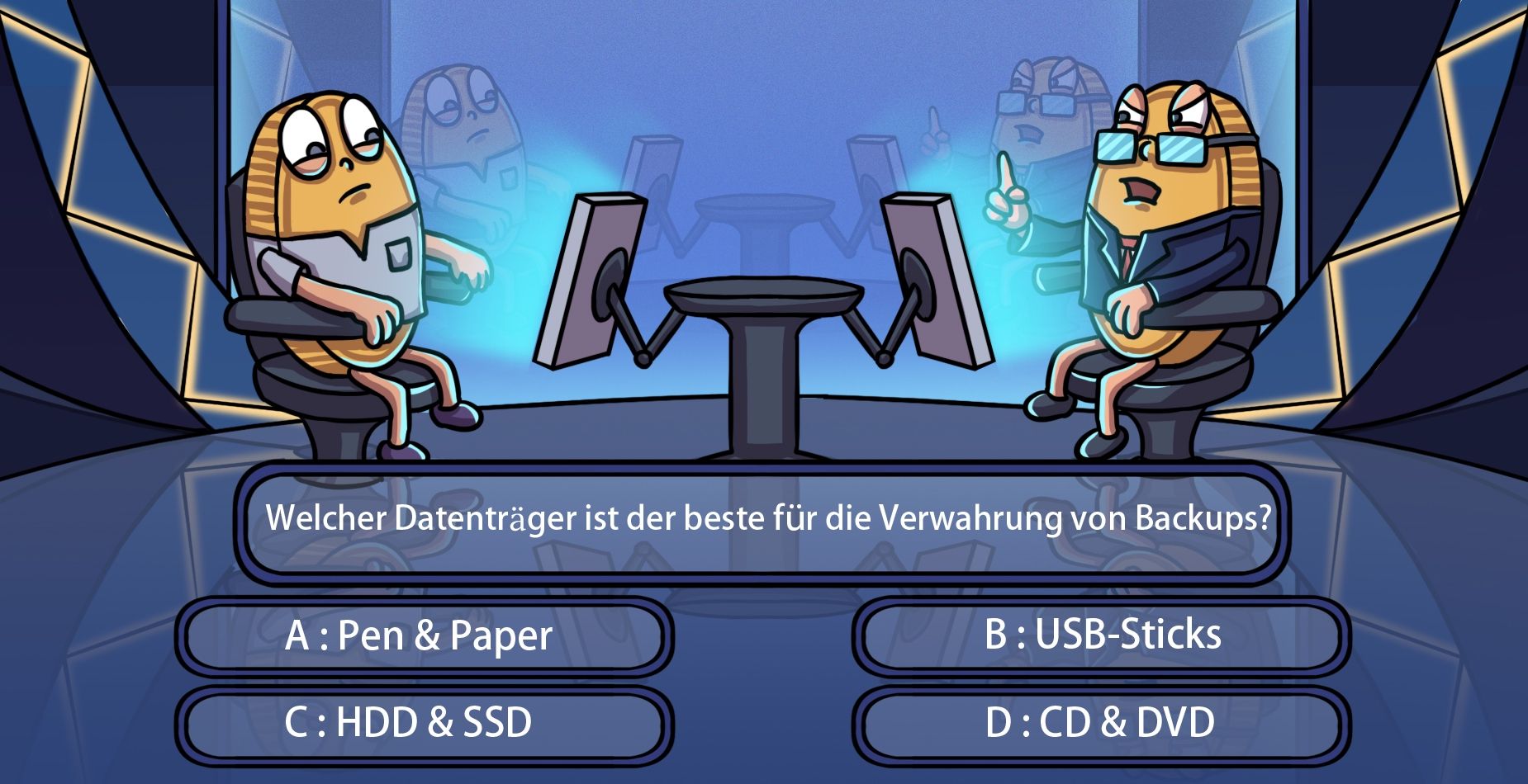 Quiz show asking which storage medium is best for wallet backups, with options for paper, USB sticks, HDD, SSD, CD and DVD.