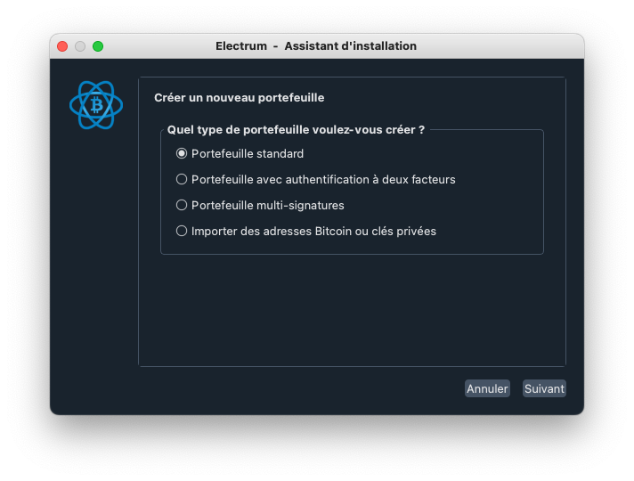 Assistant d’installation Electrum pour choisir le type de nouveau portefeuille.