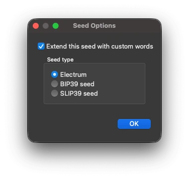 Electrum Seed Options Window