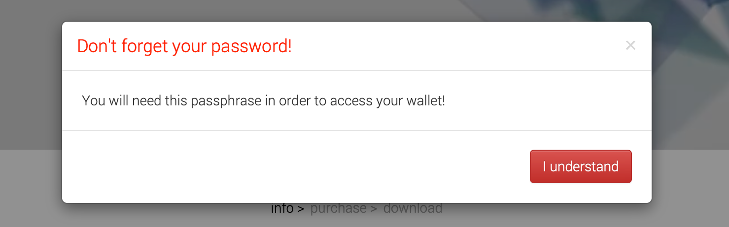 Ethereum presale password reminder dialog warning “Don’t forget your password!”.