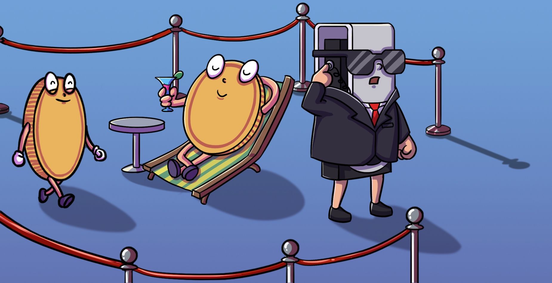 Ledger hardware wallet in sunglasses acting as a bodyguard for two relaxed coin mascots behind a rope barrier.