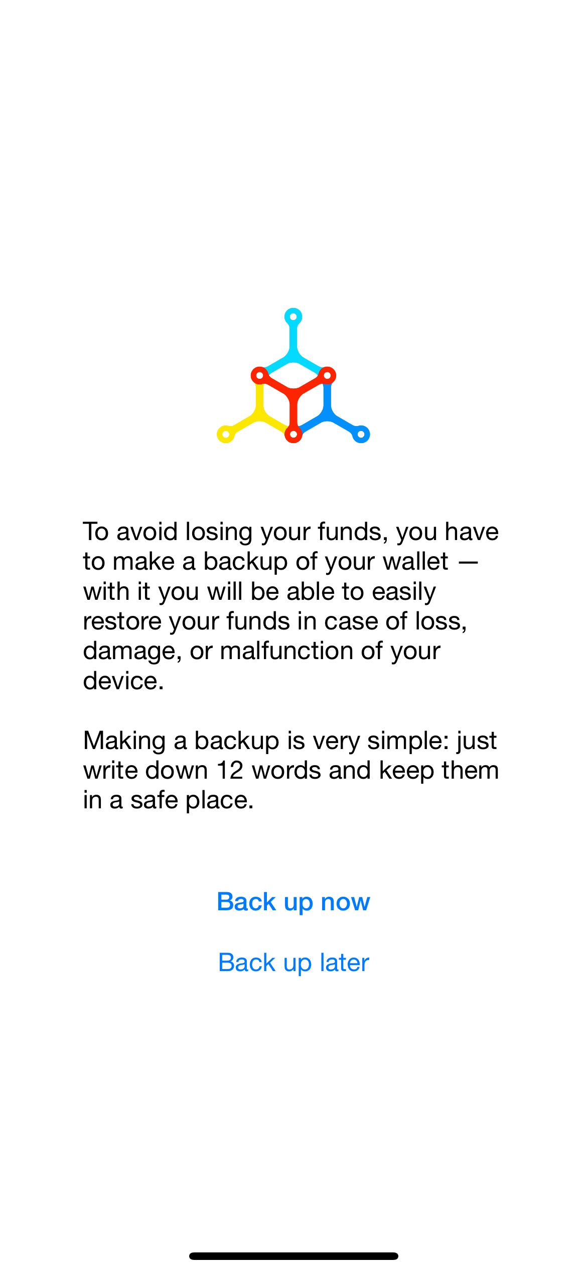 Mycelium app backup prompt explaining that a 12-word wallet backup can restore funds.