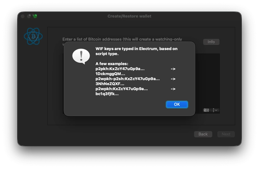 Electrum private key restore info window, displaying the different script types.