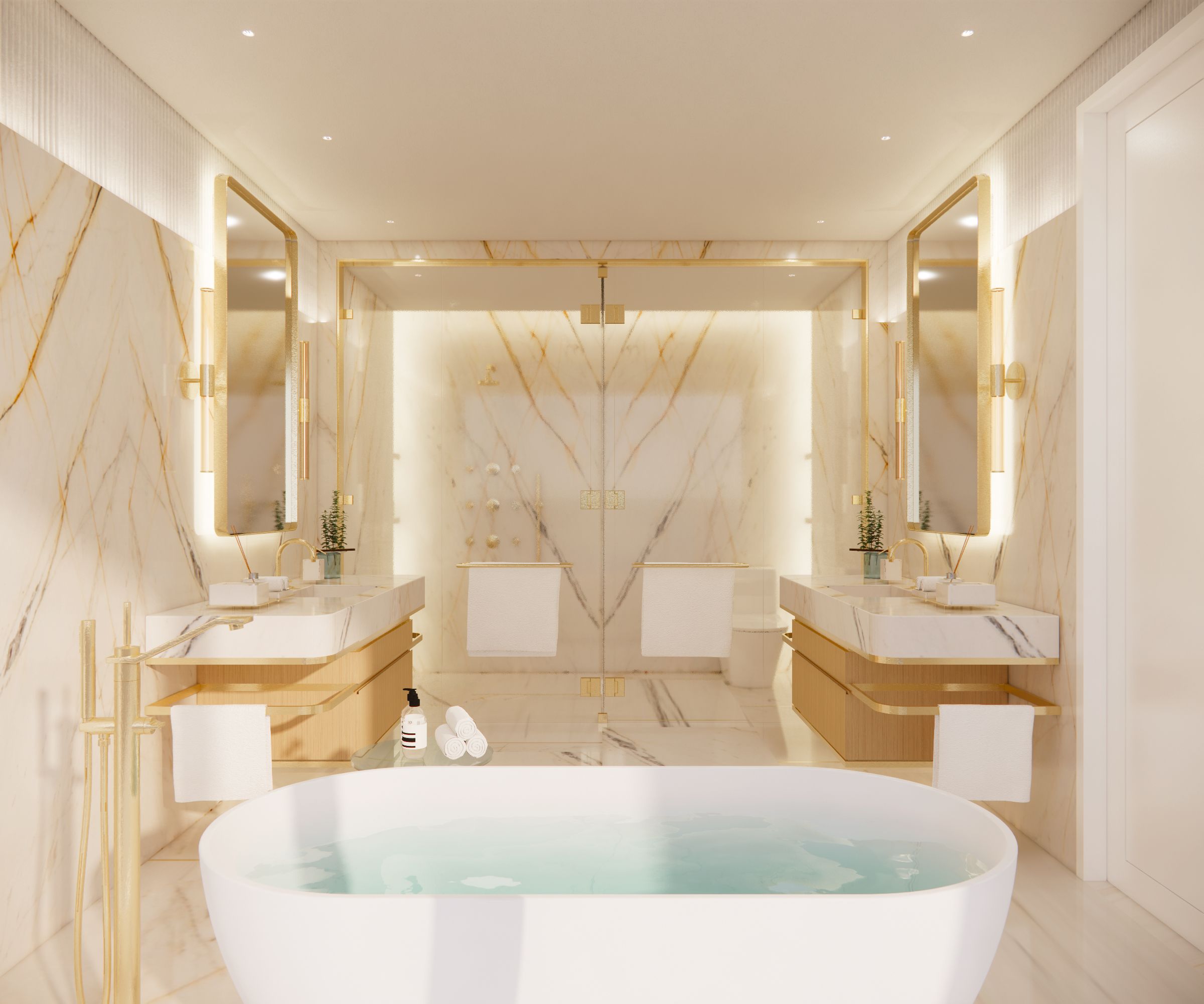 Hand-selected natural stone finishes in all bathrooms and kitchens. In the Primary Bathroom, Covelano Silver Gold Marble.