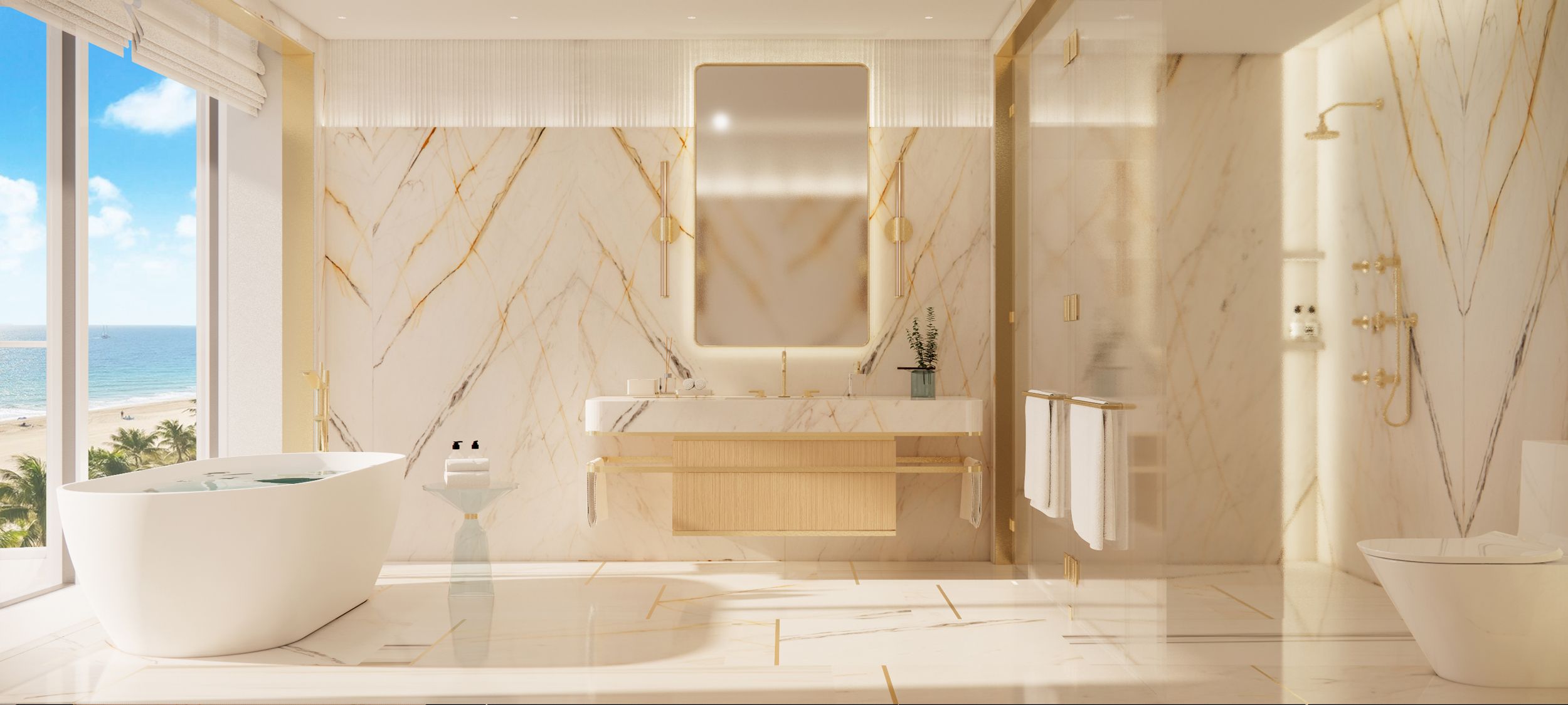 Hand-selected natural stone finishes in all bathrooms and kitchens. In the Primary Bathroom, Covelano Silver Gold Marble.