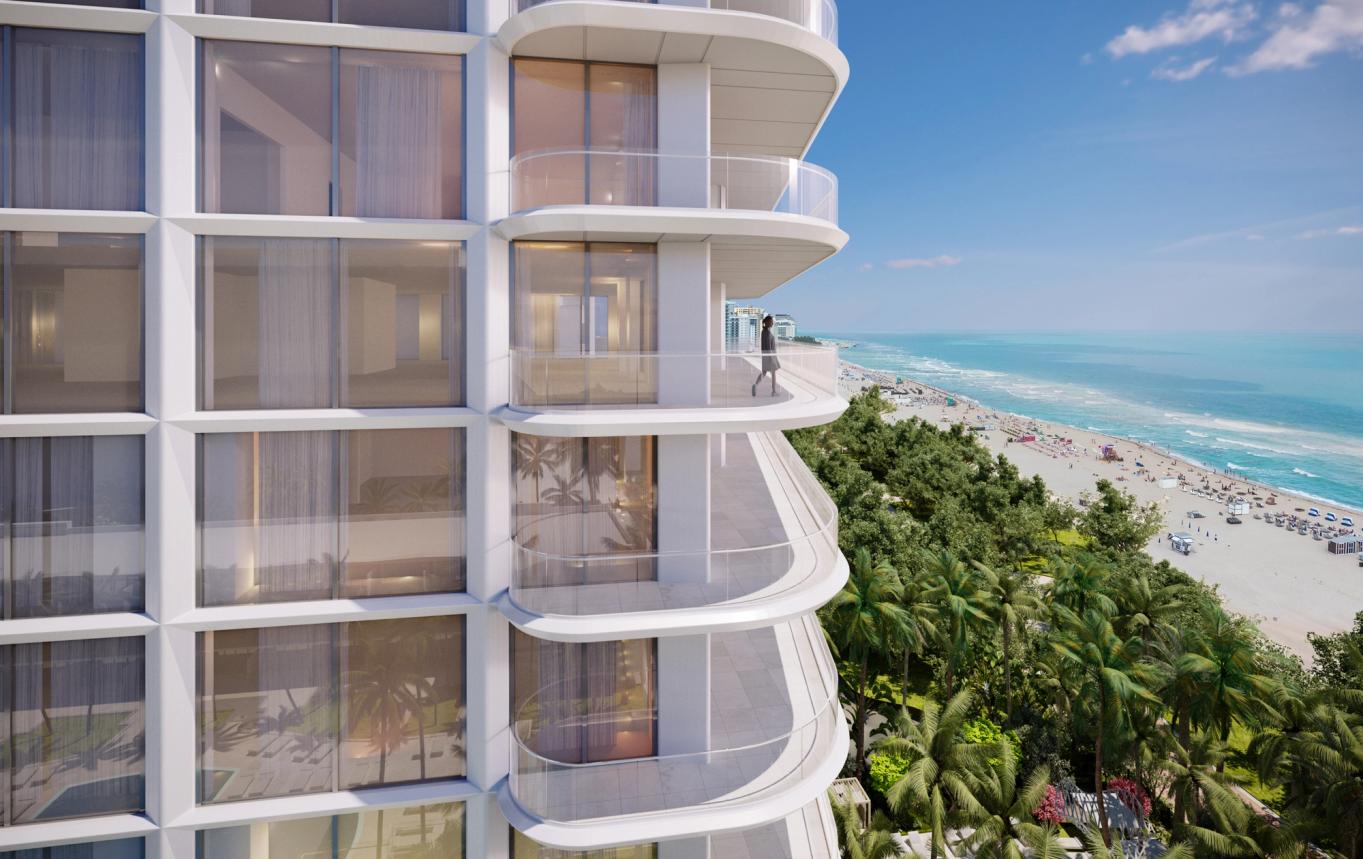 This limited collection of just 30 custom-designed one-to-five-bedroom oceanfront beach houses in the sky features panoramic Atlantic Ocean and historic Miami Beach views.