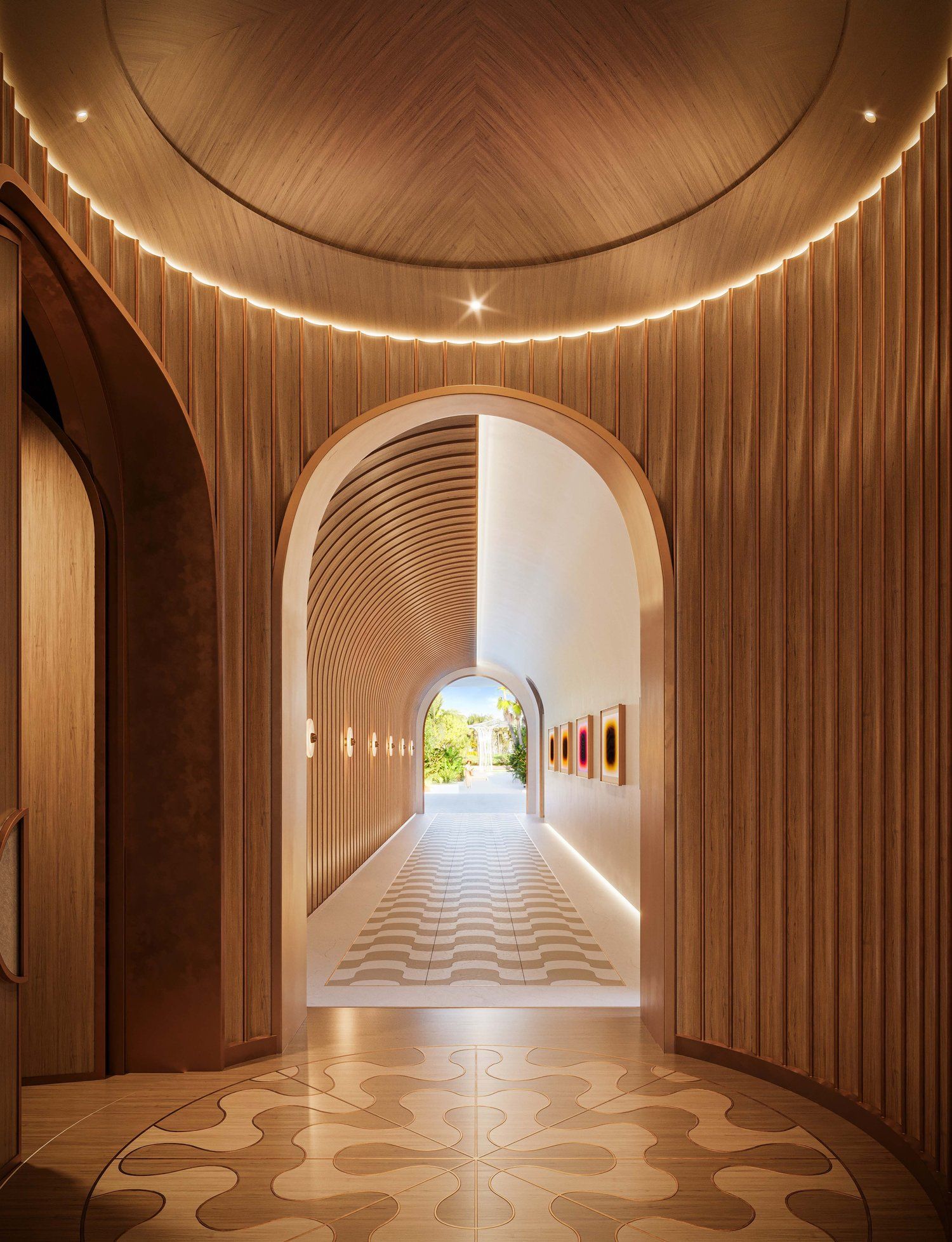 Private double-height Lobby at at The Ritz-Carlton Residences, South Beach, with views of the sculpture garden and beach.