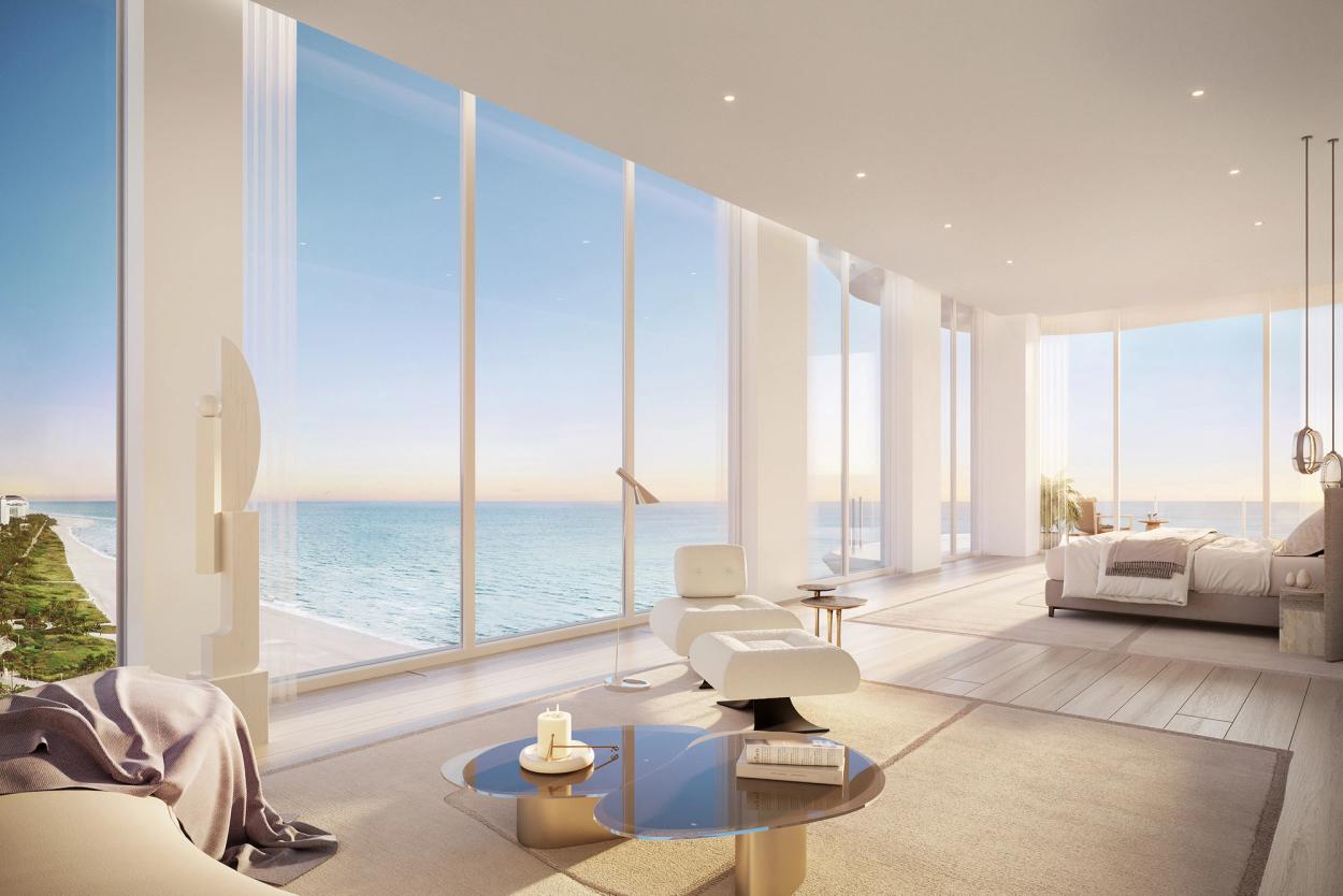 Interiors with views to the horizon are finished by Studio Munge in a palette of luminous natural materials. Each is a private oasis within this privileged enclave of just 30 residences.