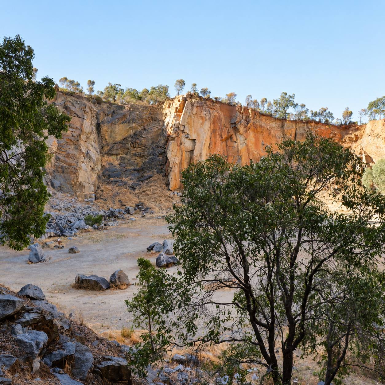 A tall orange and grey quarry wall in late afternoon light, framed by gum trees.