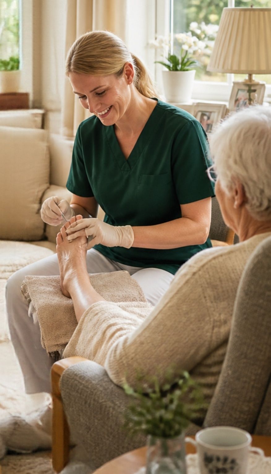 Fotterapeut behandler føttene til en eldre kvinne hjemme i stua