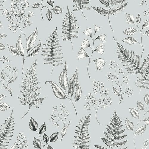 Betula tapet med botaniskt mönster i blå. Från kollektionen skogsgläntan. Nonwoven-material med förskjuten passning. Passar i vardagsrum, sovrum och matsal.