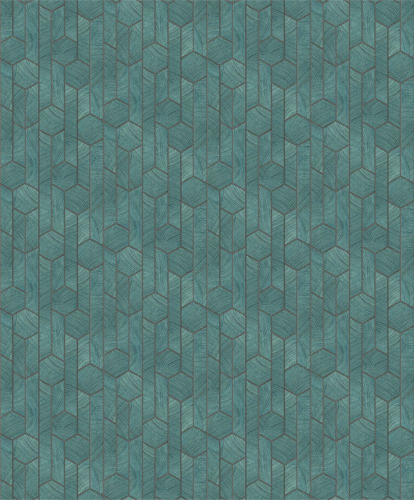 Kantha Teal tapet med geometriskt mönster i turkos. Från kollektionen Summer. Nonwoven-material med rak passning.