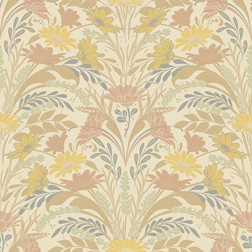Sunnanö Värmdö, beige tapet med blommigt mönster i gul. Från kollektionen Sunnanö. Nonwoven-material med rak passning. Country, city-stil.