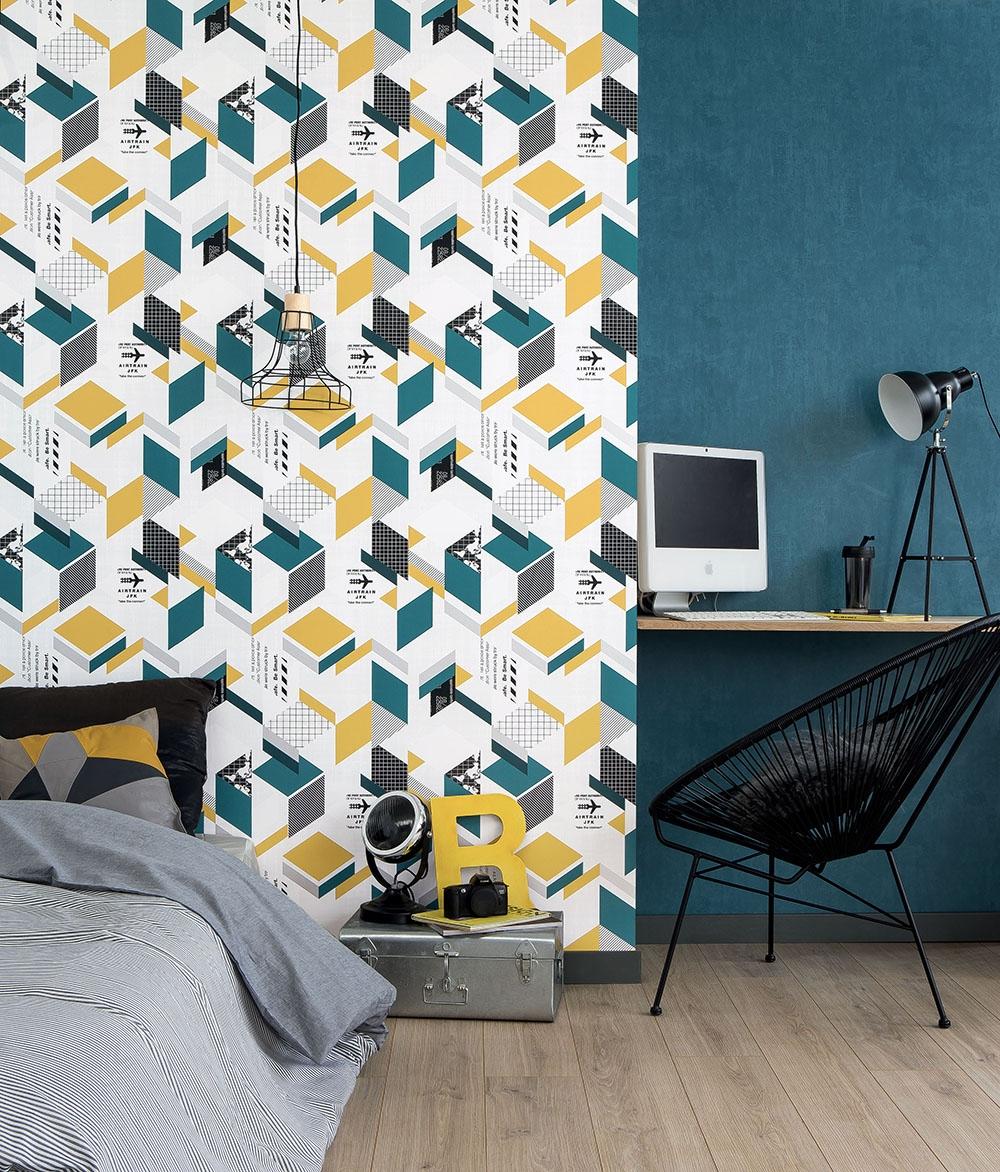 be smart moutarde tapet med grafiskt mönster i vit. Från kollektionen les aventures. Papper-material med rak passning. Passar i vardagsrum och matsal.