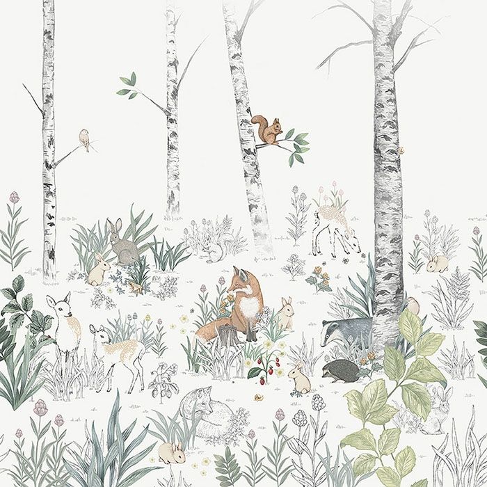 Magic Forest Mural, tapet tapet från Boråstapeter med djur, barnrum mönster i vit. Från kollektionen Newbie II Wallpaper. Nonwoven-material med rak passning. Passar i barnrum.