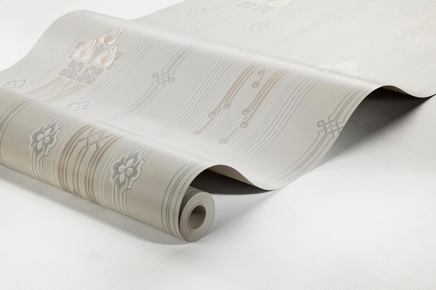 Villastan tapet med blommigt mönster i grå. Från kollektionen Alla Tiders Hus. Nonwoven-material med rak passning. Passar i vardagsrum, matsal och kök.