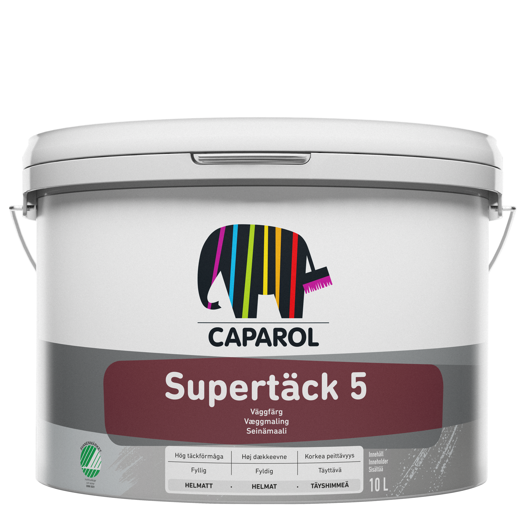 A white 10L bucket of Caparol Supertäck 5 wall paint, featuring a colorful striped elephant logo.