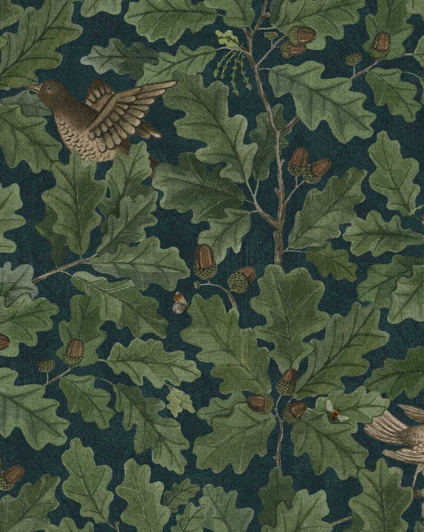 Vintage-style pattern of oak leaves, acorns, and flying birds on a dark background.