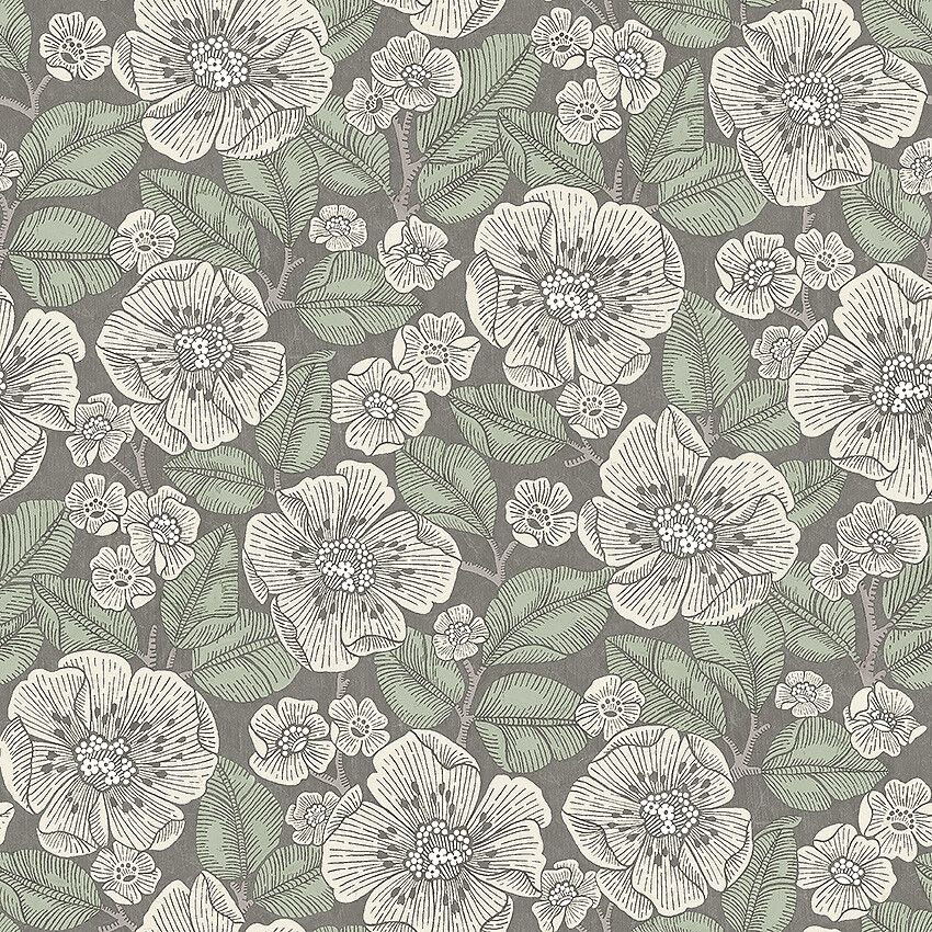 Borosan 21 8618 tapet med blommigt mönster i grön. Från kollektionen Borosan 21. Papper-material med rak passning.