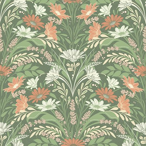 Sunnanö Värmdö, grön tapet med blommigt mönster i grön. Från kollektionen Sunnanö. Nonwoven-material med rak passning.