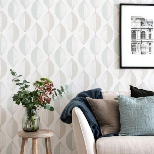 Ellips, Beige/Turkos tapet från duro med geometriskt mönster i vit. Från kollektionen Natur. Nonwoven-material med rak passning. Vintage-stil.