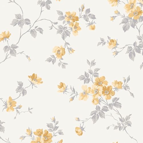 Kristina, gul tapet tapet med blommigt mönster i vit. Från kollektionen Hav & Land. Nonwoven-material med förskjuten passning.